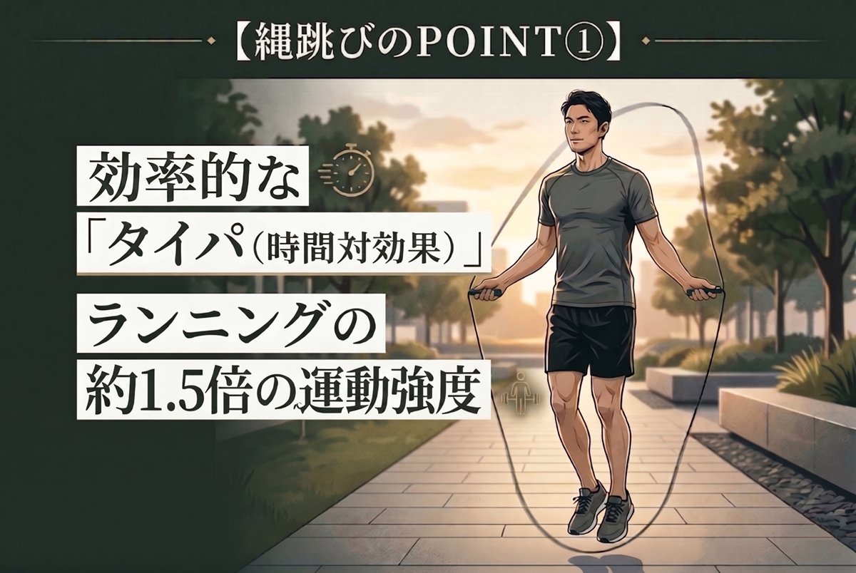 縄跳びのPOINT① 効率的なタイパ（時間対効果）ランニングの約1.5倍の運動強度