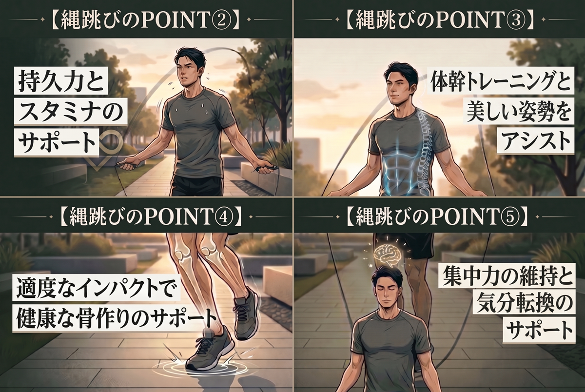 縄跳びのPOINT② 持久力とスタミナのサポート ③ 体幹トレーニングと美しい姿勢をアシスト ④ 適度なインパクトで健康な骨作りのサポート ⑤ 集中力の維持と気分転換のサポート