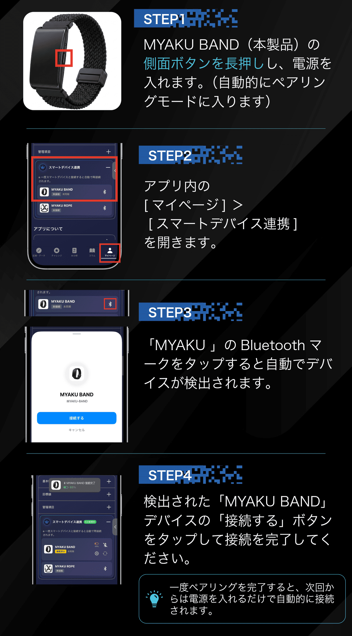 アプリとの連携 4ステップ。STEP1 側面ボタンを長押しして電源を入れる、STEP2 マイページ＞スマートデバイス連携を開く、STEP3 Bluetoothマークをタップしてデバイスを検出、STEP4 接続するボタンをタップして完了
